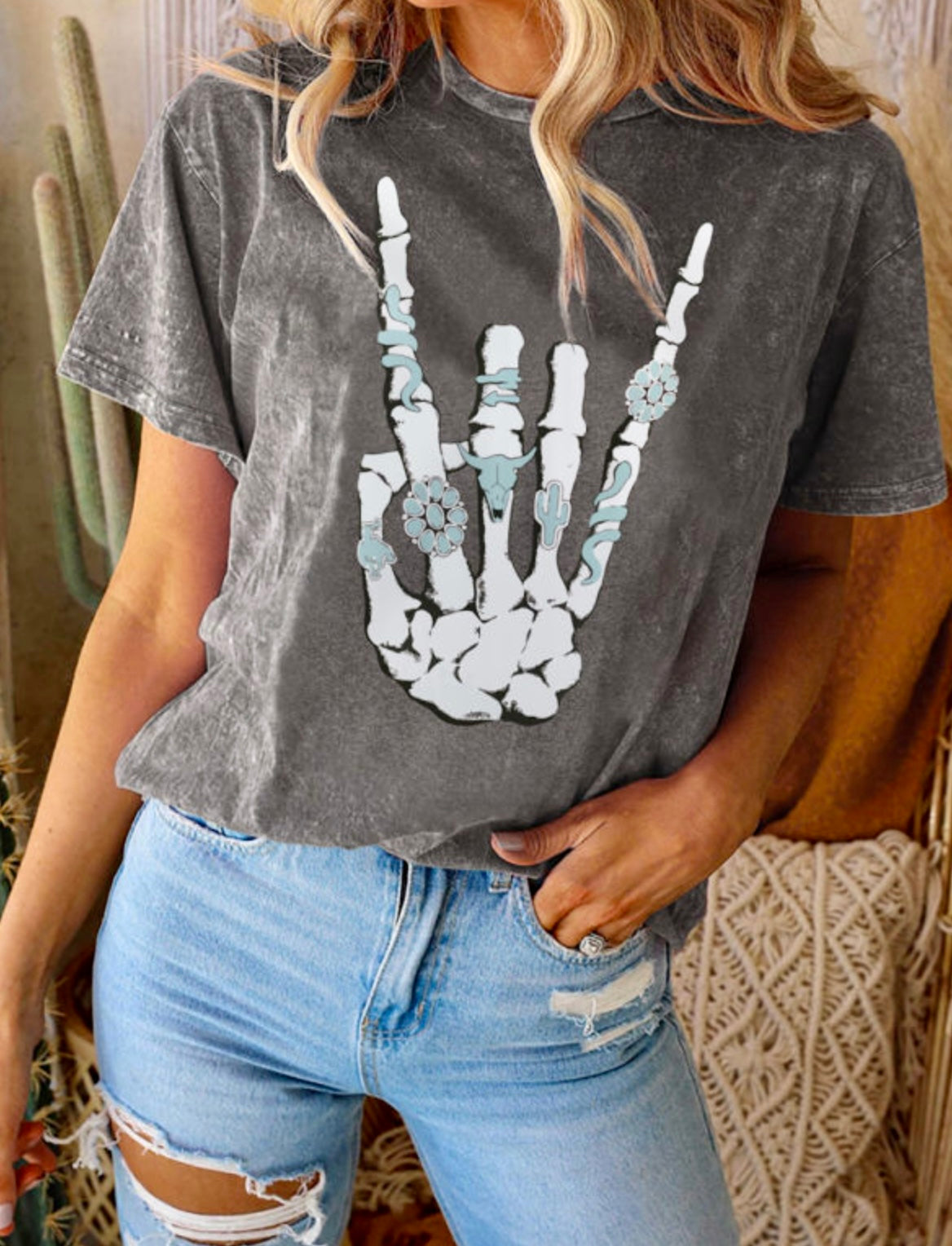 Vintage Wash Western Skeleton Graphic T-Shirt!